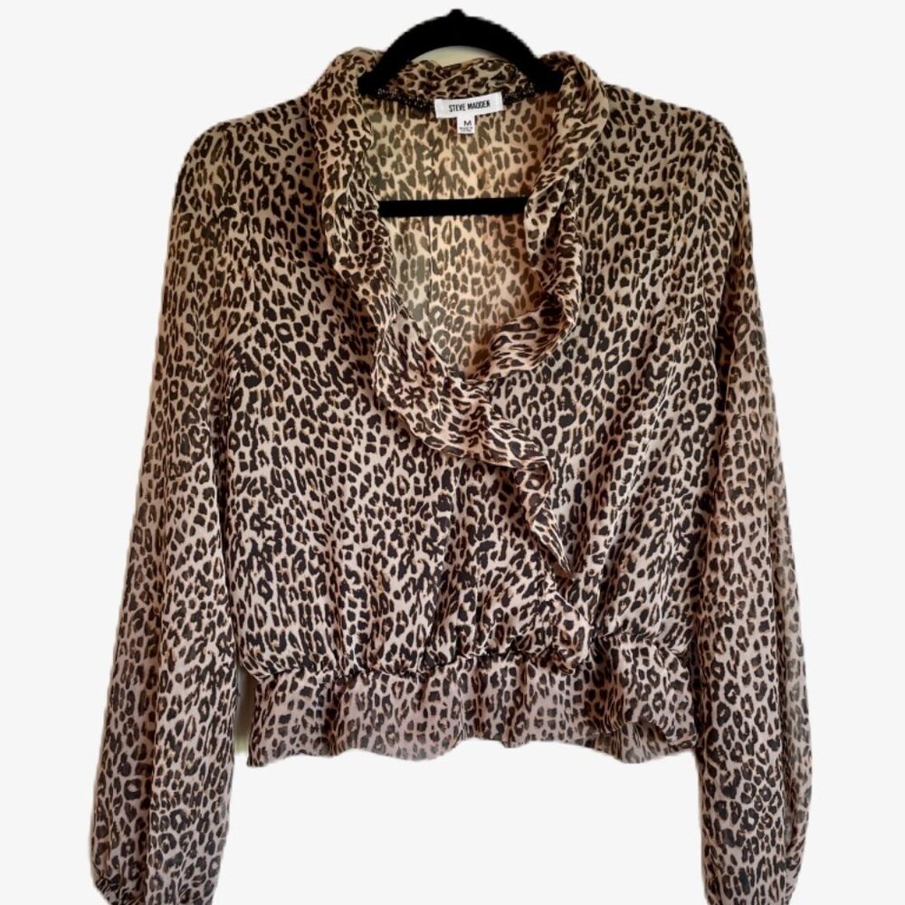 STEVE MADDEN Sheer Long-Sleeve Cheetah Print Ruffle Blouse - US Size M (NWOT)